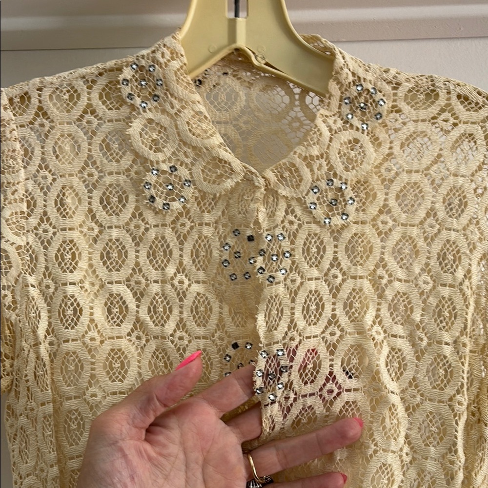 70s Vintage Cream Lace Dress with Satin Slip Rhinestone Detail Small - Picture 4 of 10
